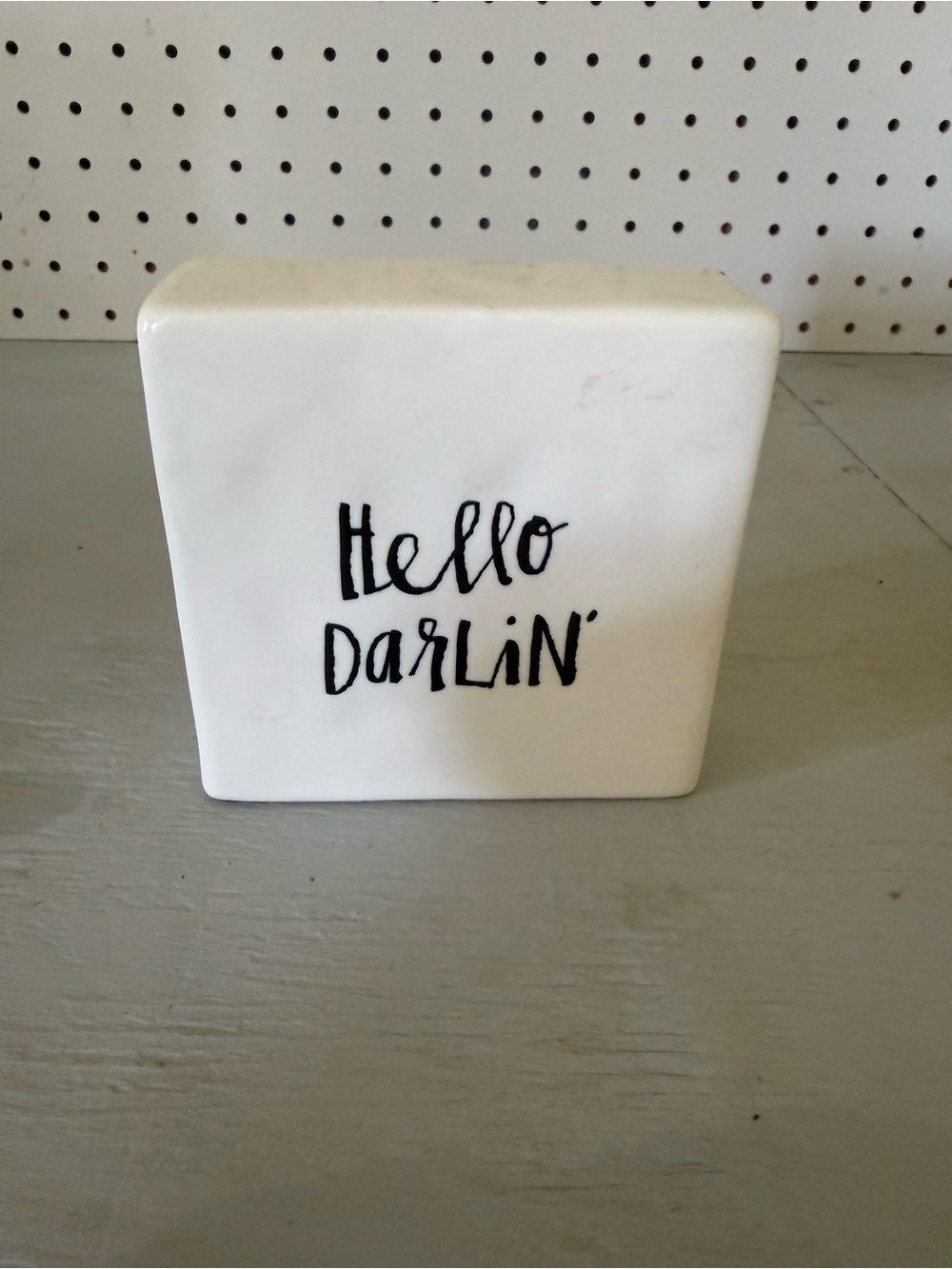 Rae Dunn White Ceramic Block with Black 'Hello Darlin'' Script